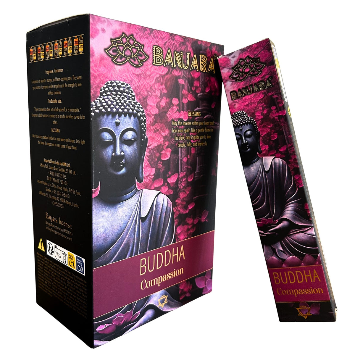 Banjara Buddha, Compassion incense in a pink and black box with a matching slim carton beside it