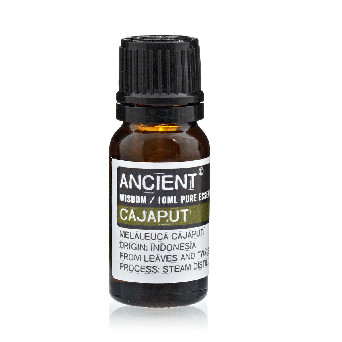 10 ml Cajaput Essential Oil in a dark glass bottle with a black cap, shown from the front