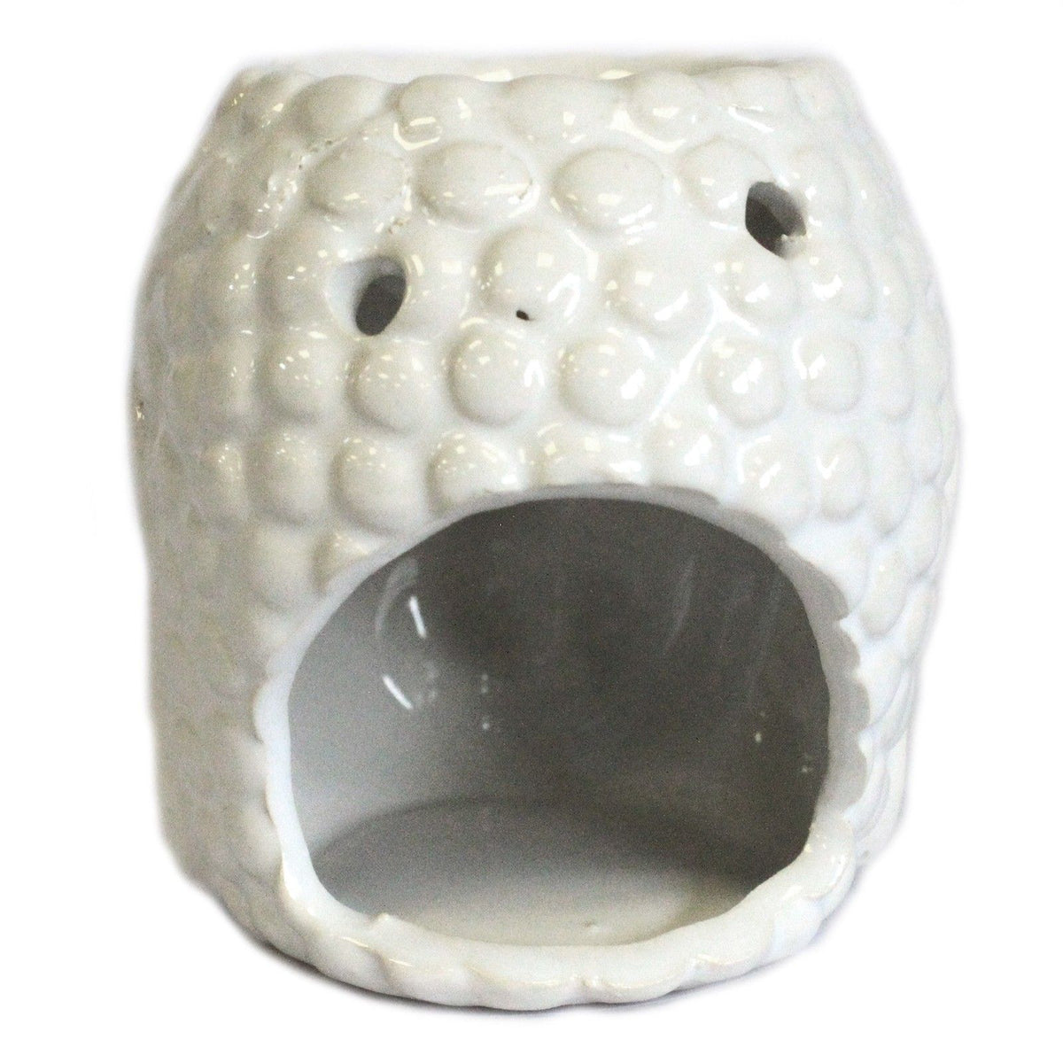 Buddha Oil Burner, White, shown from the back with its large opening and small ventilation holes