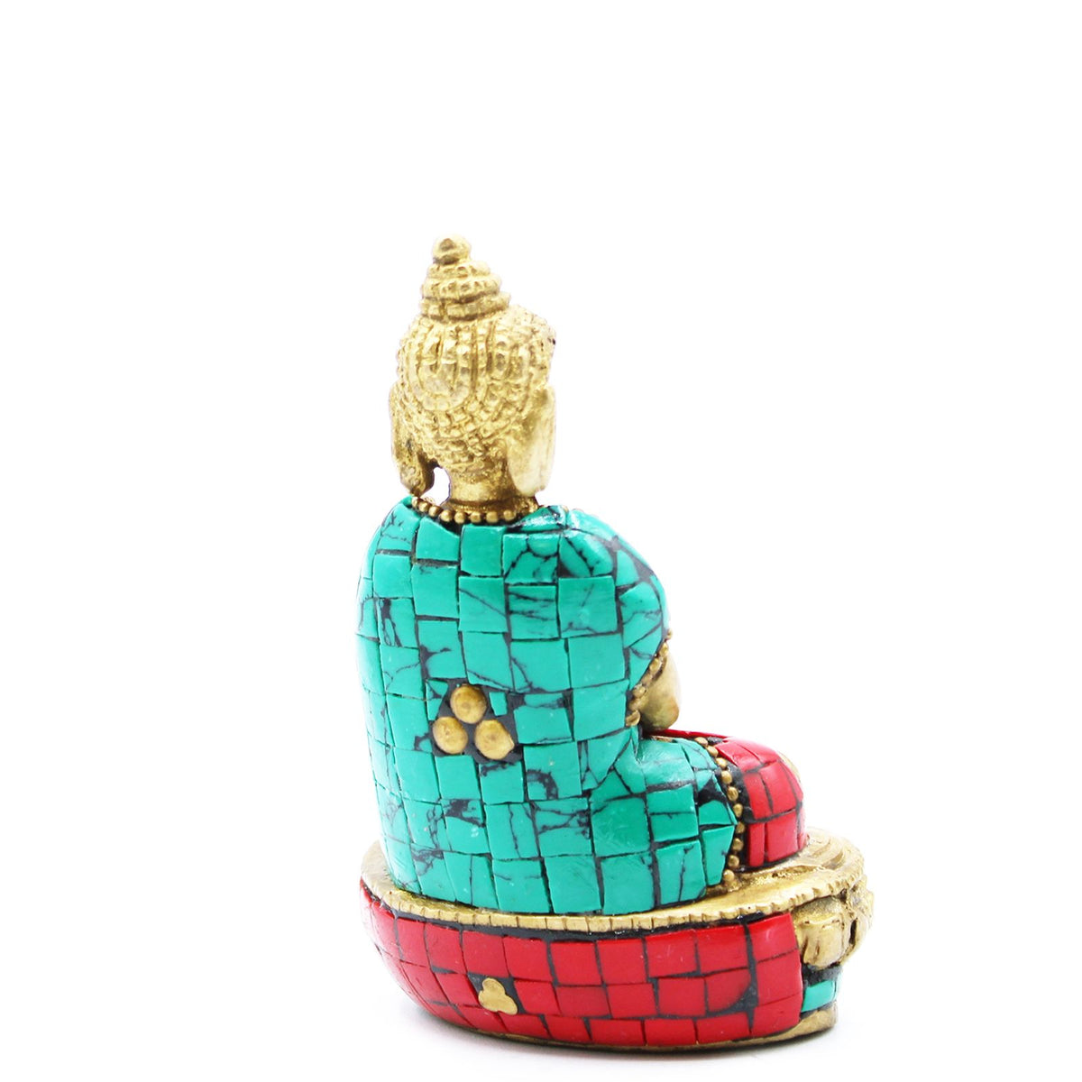 Brass Buddha Figure, Amitabha, 9.5 cm, rear view showing turquoise and red inlaid robes