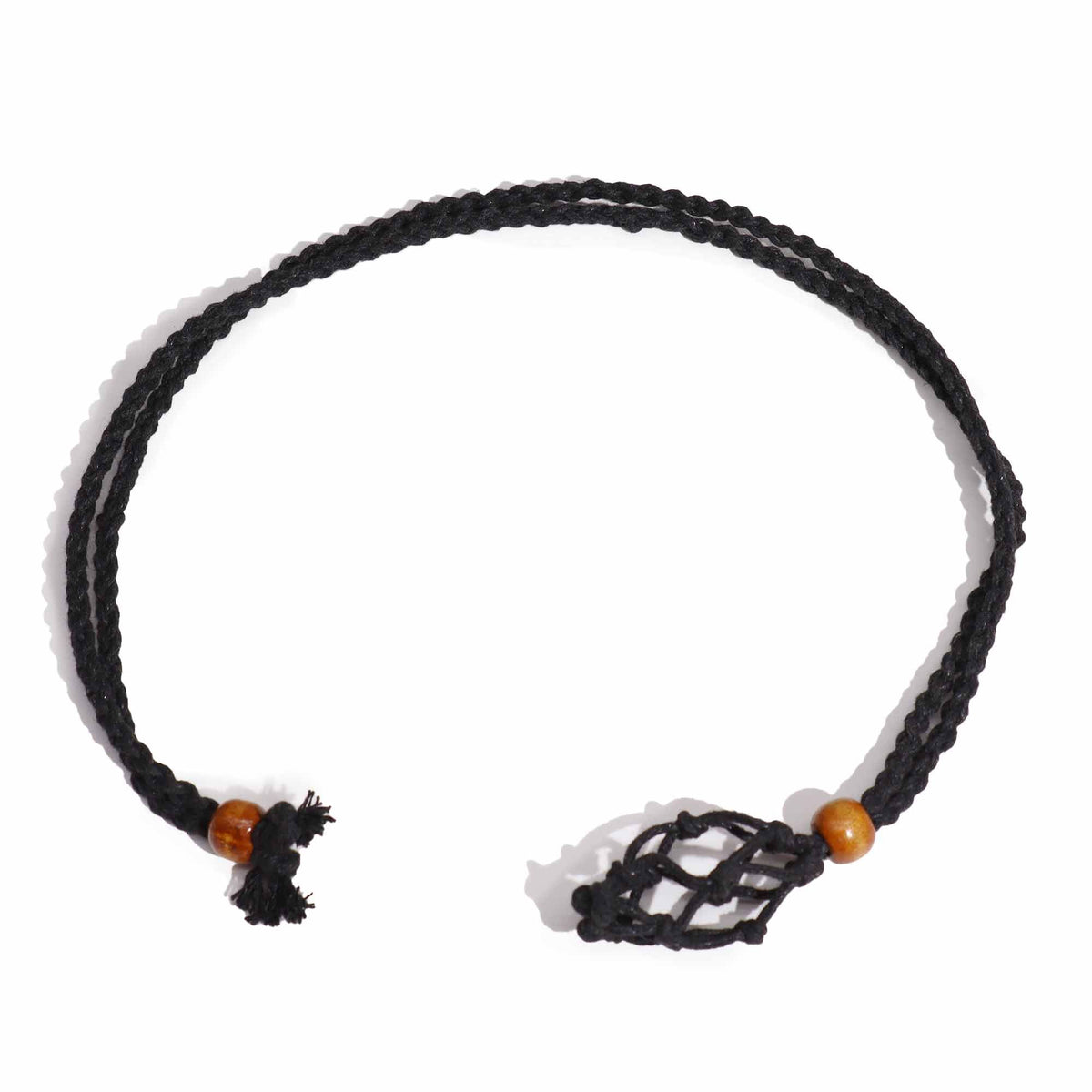 Gemstone Necklace Cord, Black, laid in a loop with wooden beads and knotted ends on white