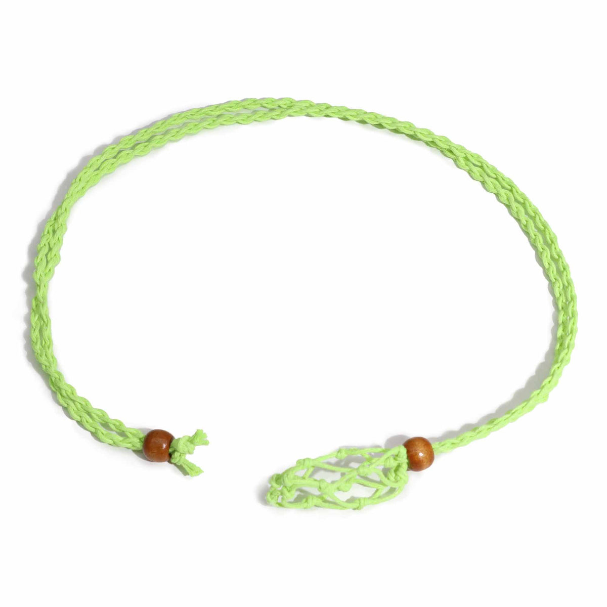 Gemstone Necklace Cord, Green, braided cord laid in a loop with wooden beads and a knotted holder