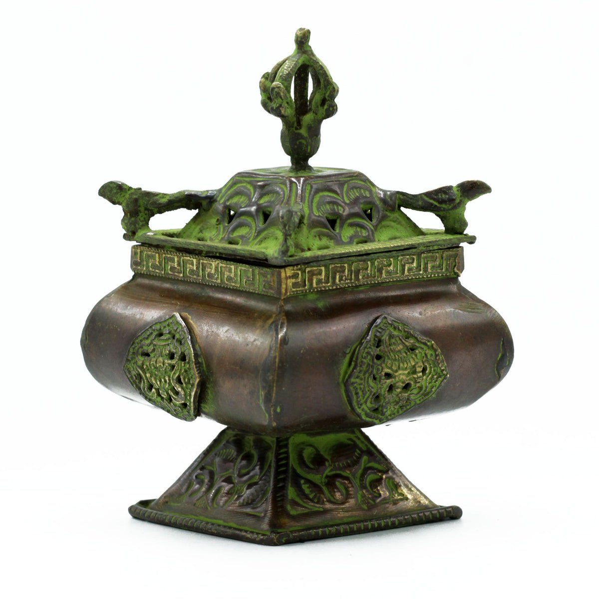 Brass verdigris incense burner, a square standing pot with a pierced lid and animal-figure medallions