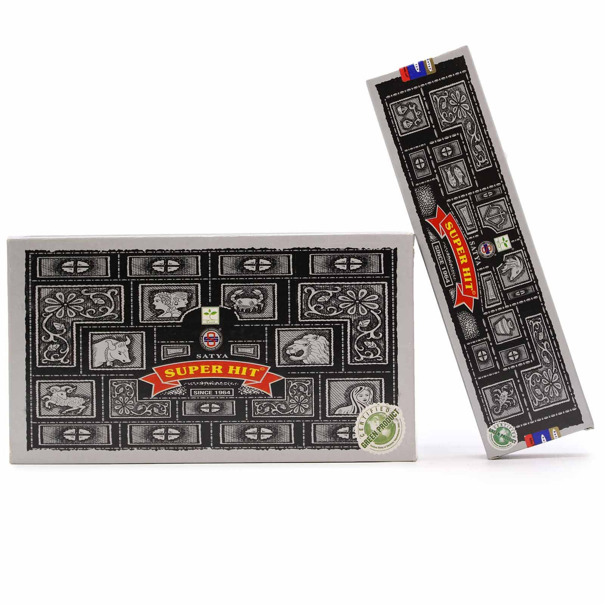 Satya Super Hit Incense 100 Gms in black and grey patterned boxes, one lying flat and one upright