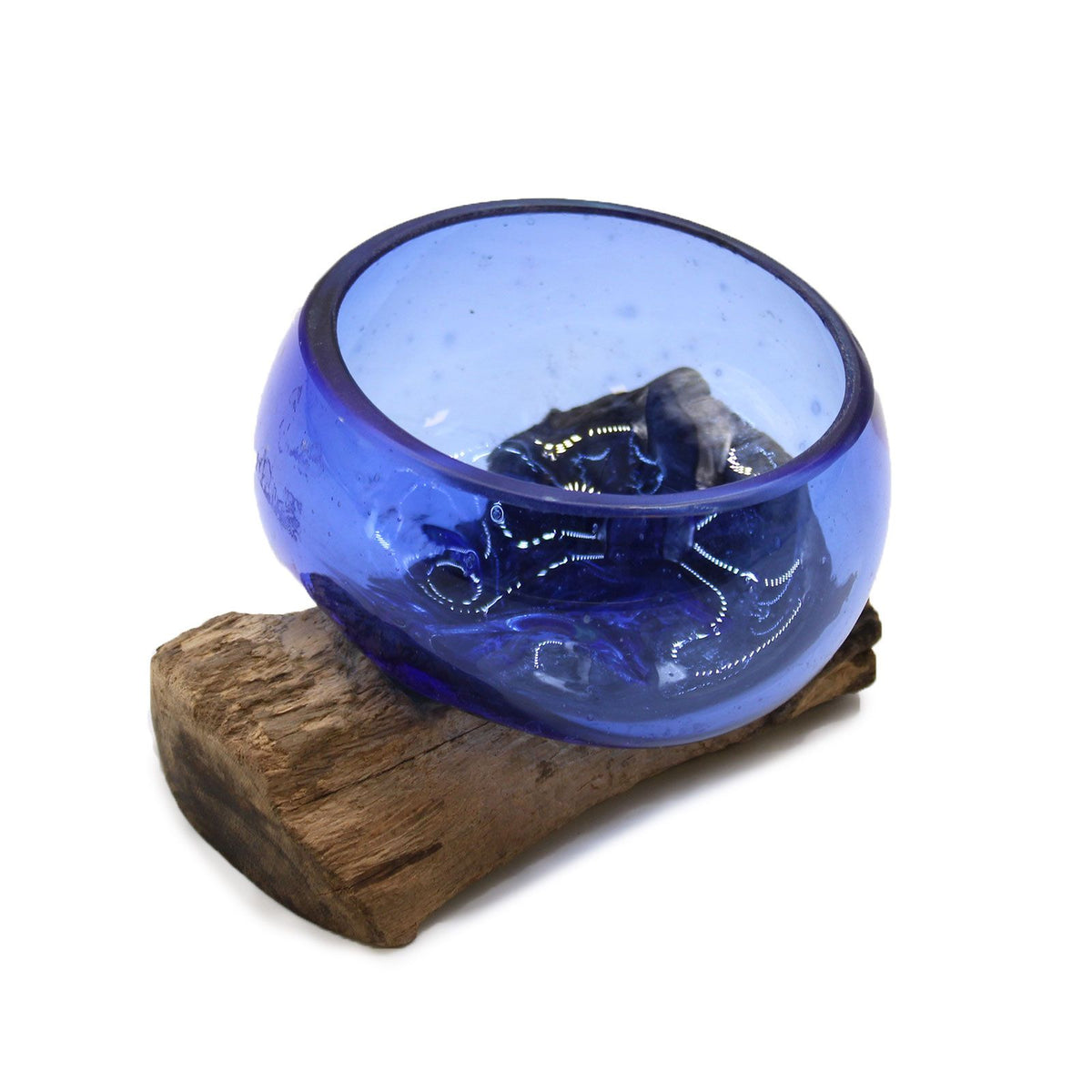 Molton Glass Mini Blue Bowl on Wood, blue glass bowl on a rectangular wood base, angled view