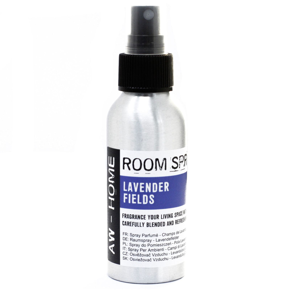 Lavender Fields room spray, a single silver bottle shown upright against a plain white background