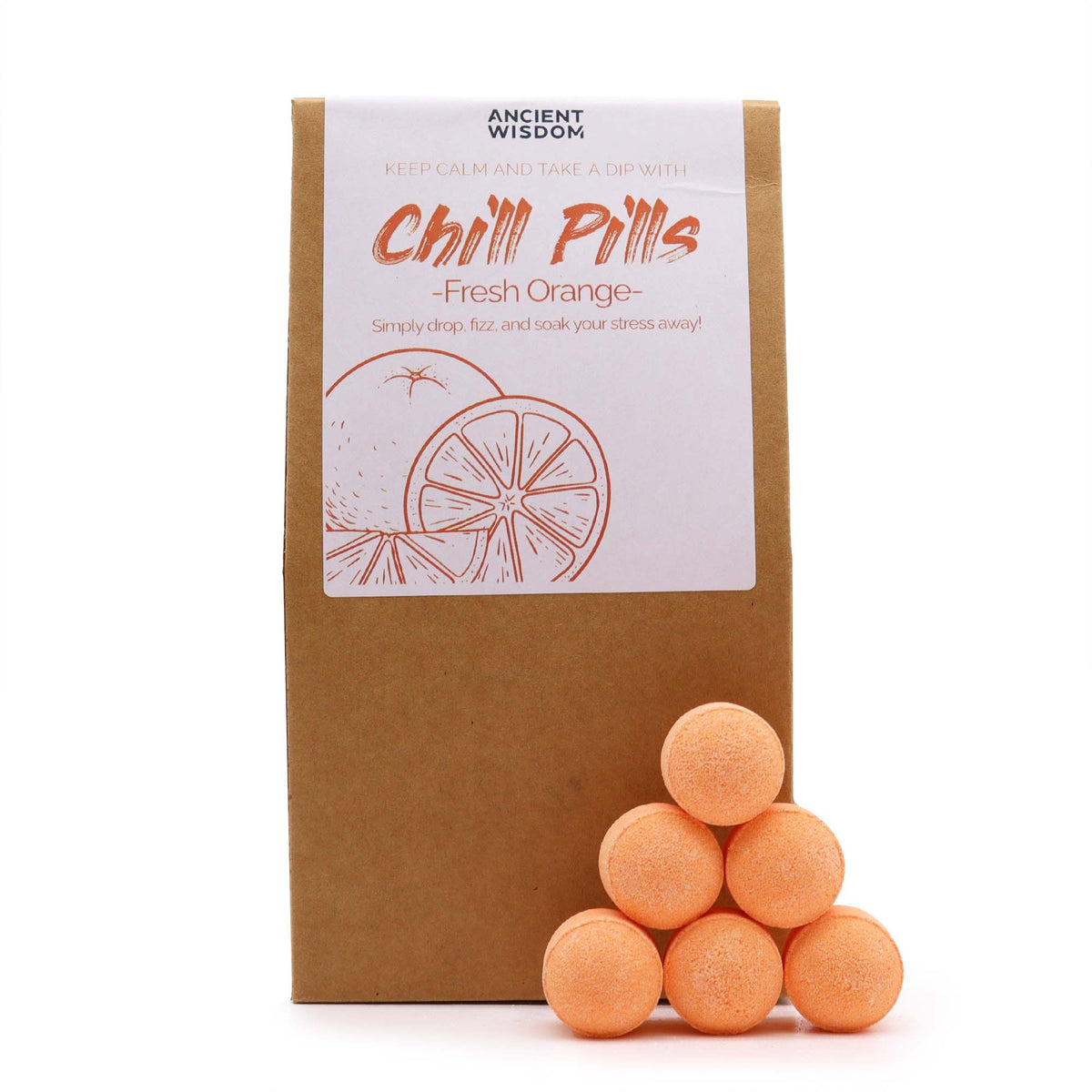 Chill Pills Gift Pack 350g, Fresh Orange, brown box with orange pills arranged in front
