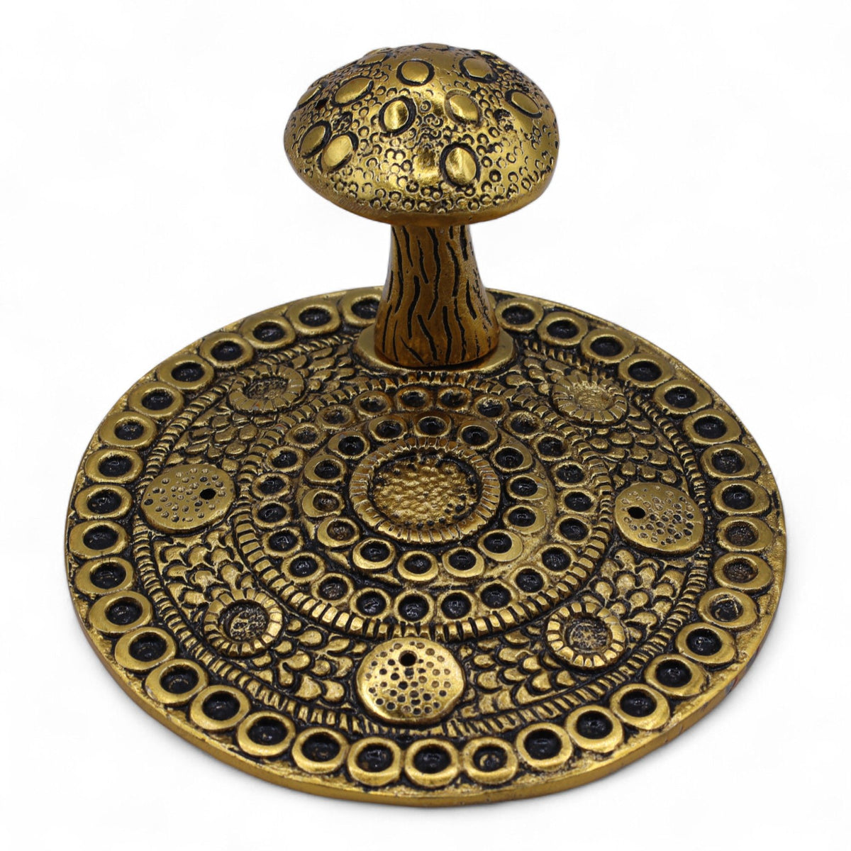 Mushroom Plate, Brass Effect, Incense Holder, ornate round plate and raised mushroom-shaped centre on white