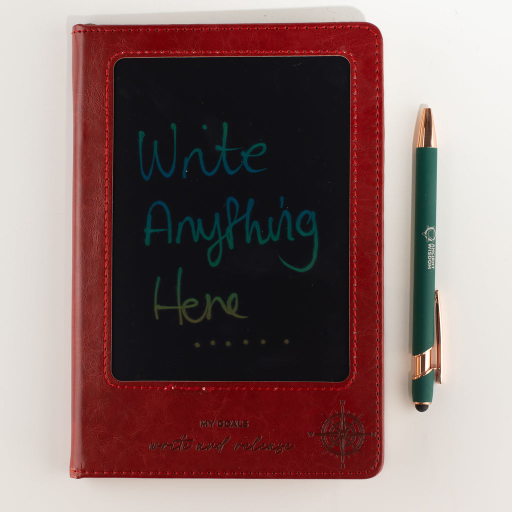 Red notebook screen shown with writing and a pen beside it