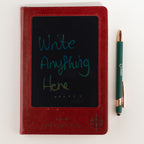 Red notebook screen shown with writing and a pen beside it