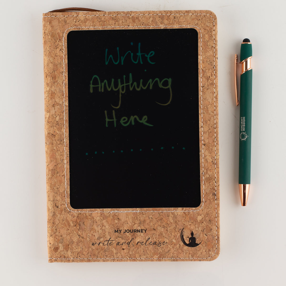 Handwritten words on the notebook’s LCD wipe screen