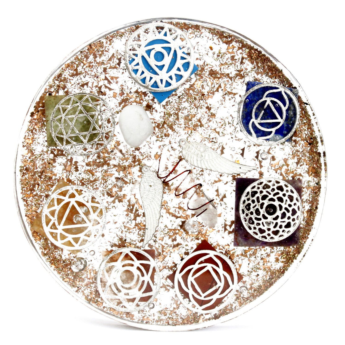 Round orgonite disc with seven chakra symbols, angel wings and a copper coil set in resin