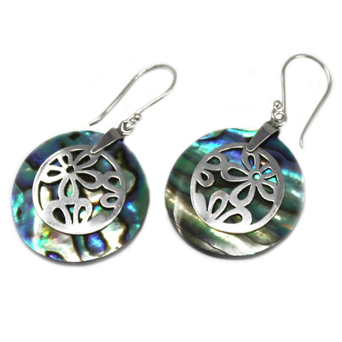 Shell & Silver Earrings, Flowers, Abalone, pair of round iridescent shell drops with silver flower overlays