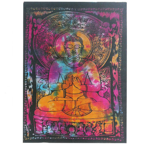 Peaceful Buddha wall hanging shown flat against a plain white background, with vivid multicoloured print