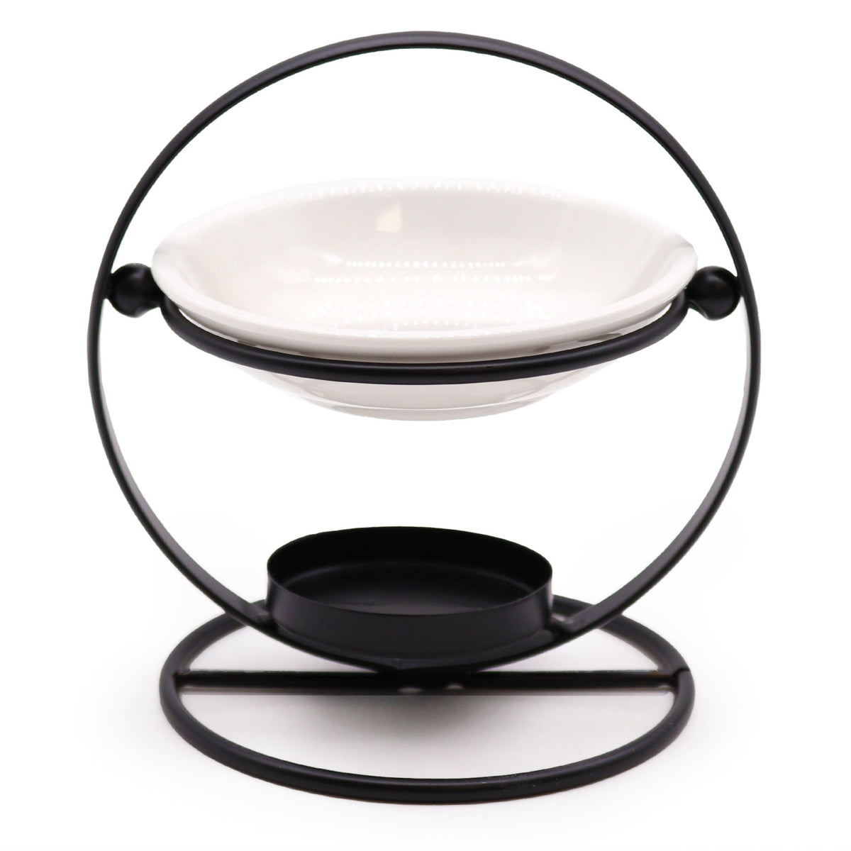 Ceramic & Metal Round Stand, white ceramic dish held above a black metal base, front view