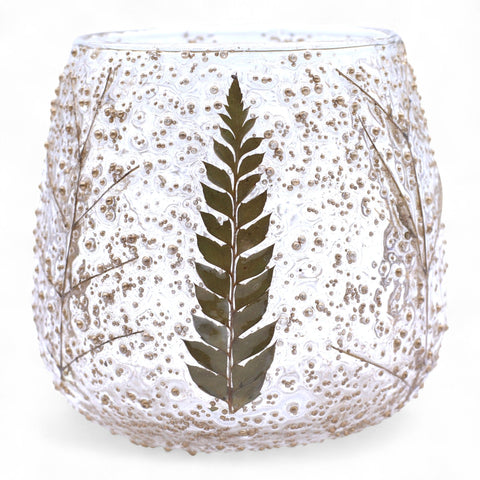 Natural Floral Glass Candle Holder, Pino, clear textured glass with a dark leaf motif, front view