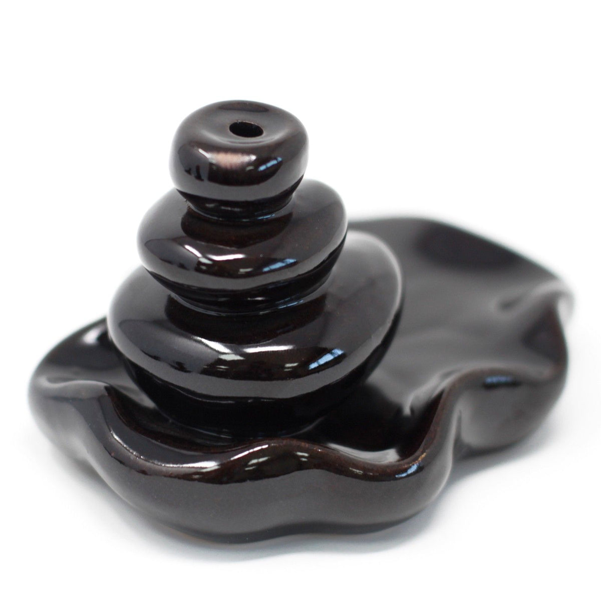 Back Flow Incense Burner, Large Pebbles into Pool, glossy black tiered pebbles on a pool-shaped base