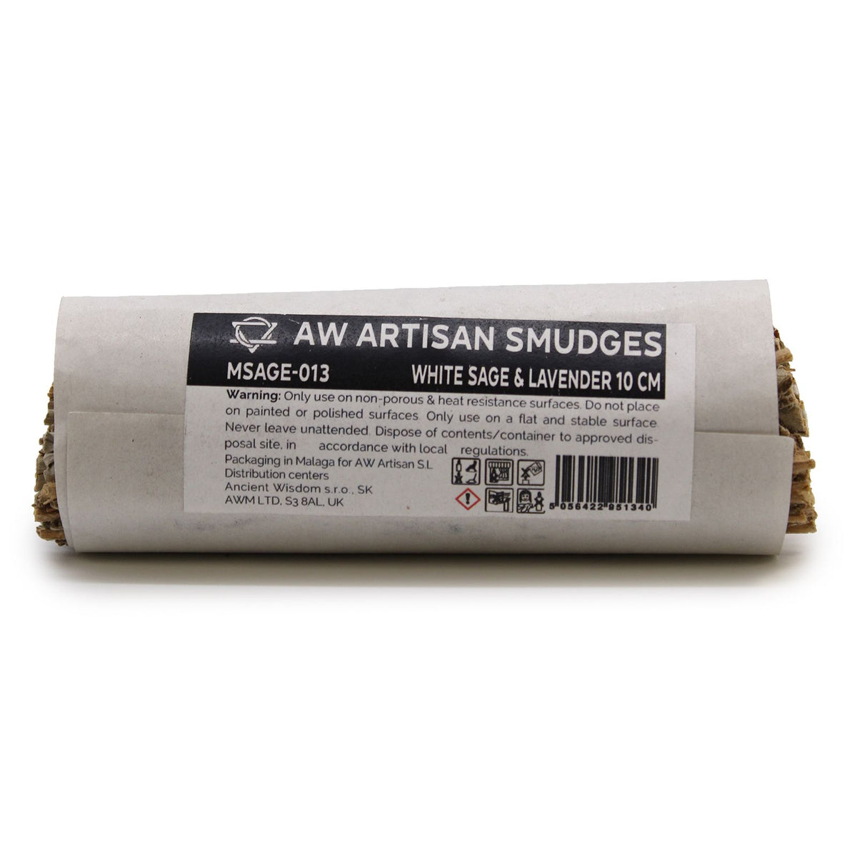 Smudge Stick, White Sage & Lavender 10 cm in a white paper wrapper, label facing forwards
