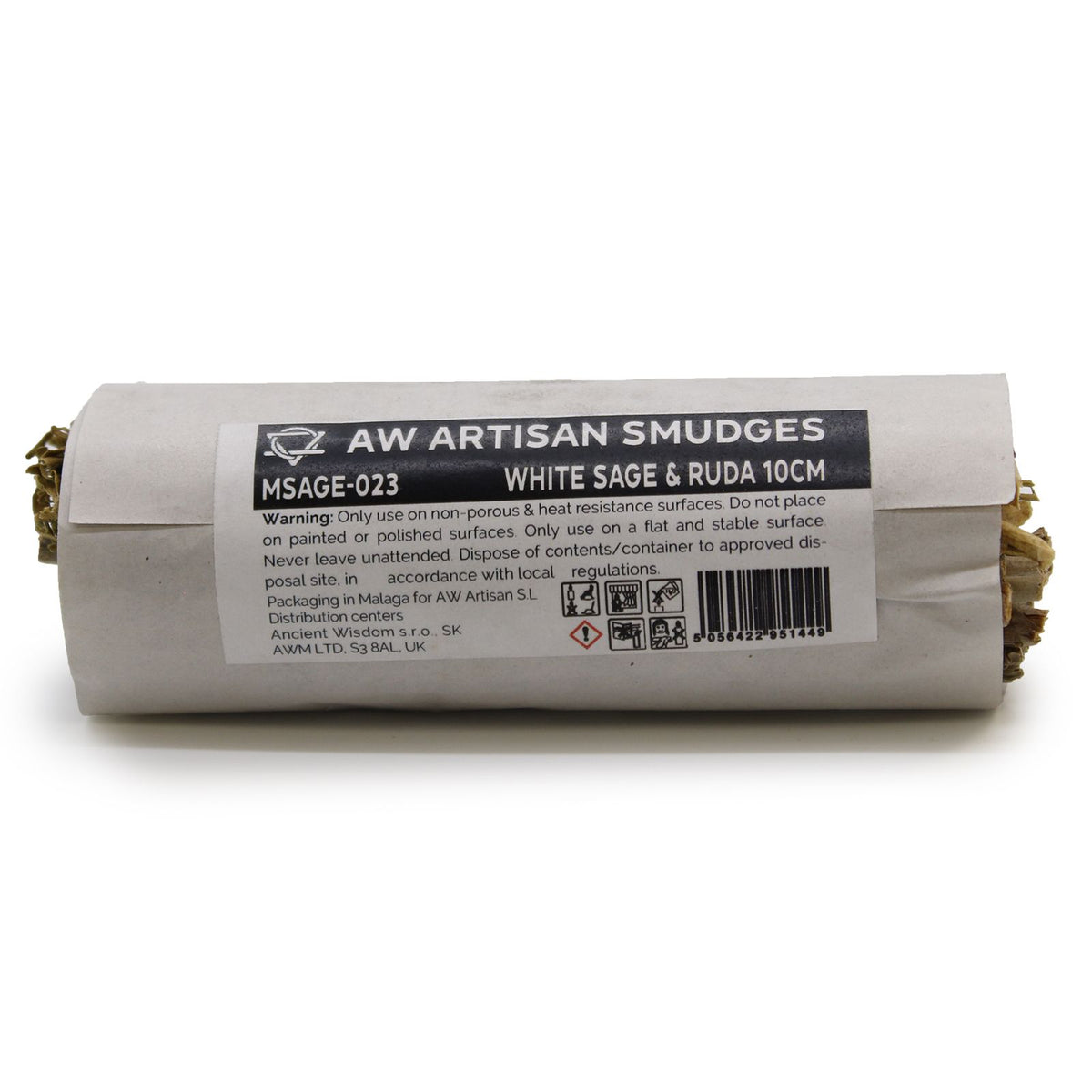 Smudge Stick, White Sage & Ruda 10cm, wrapped in pale paper with a printed label, shown side-on
