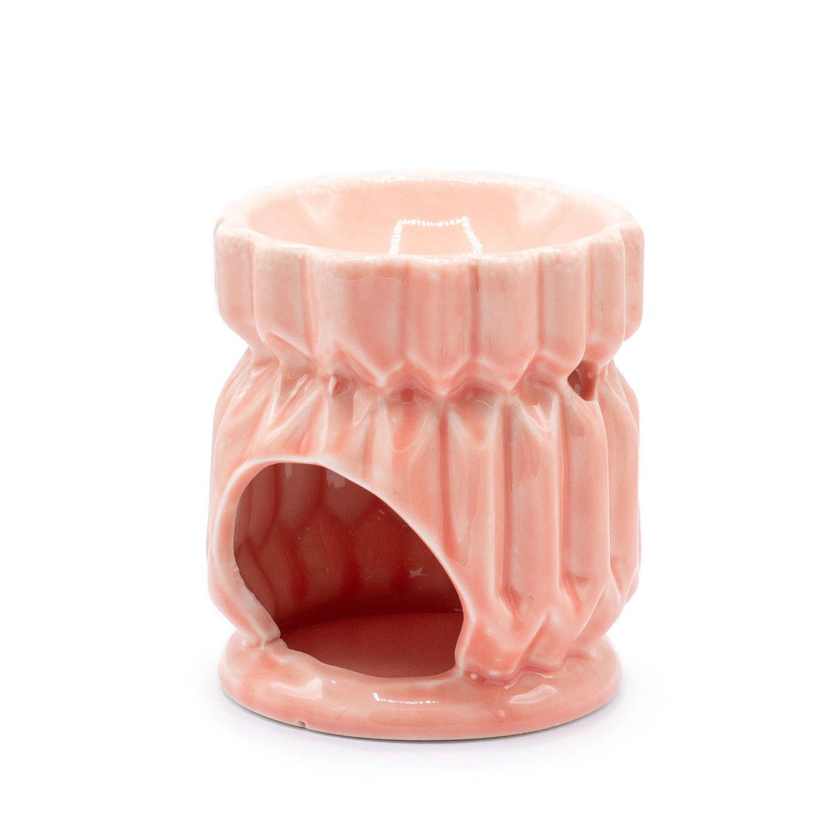 Oil Burner Geometric, Pink, glossy pink burner shown from the front with its bowl and arched opening