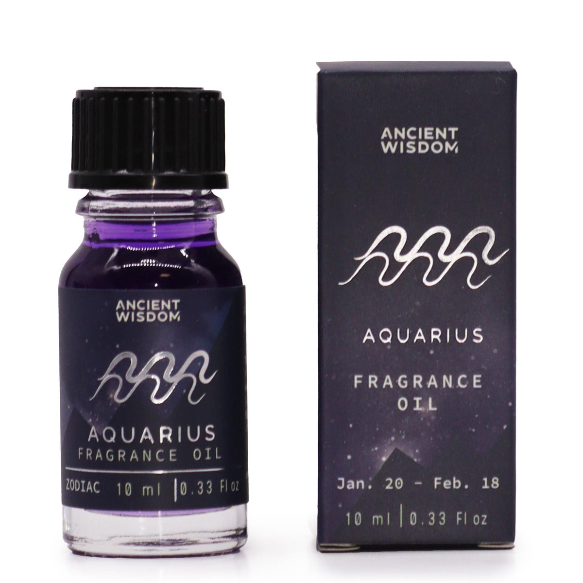 Aquarius zodiac fragrance oil bottle in dark purple glass next to its star-sign gift box