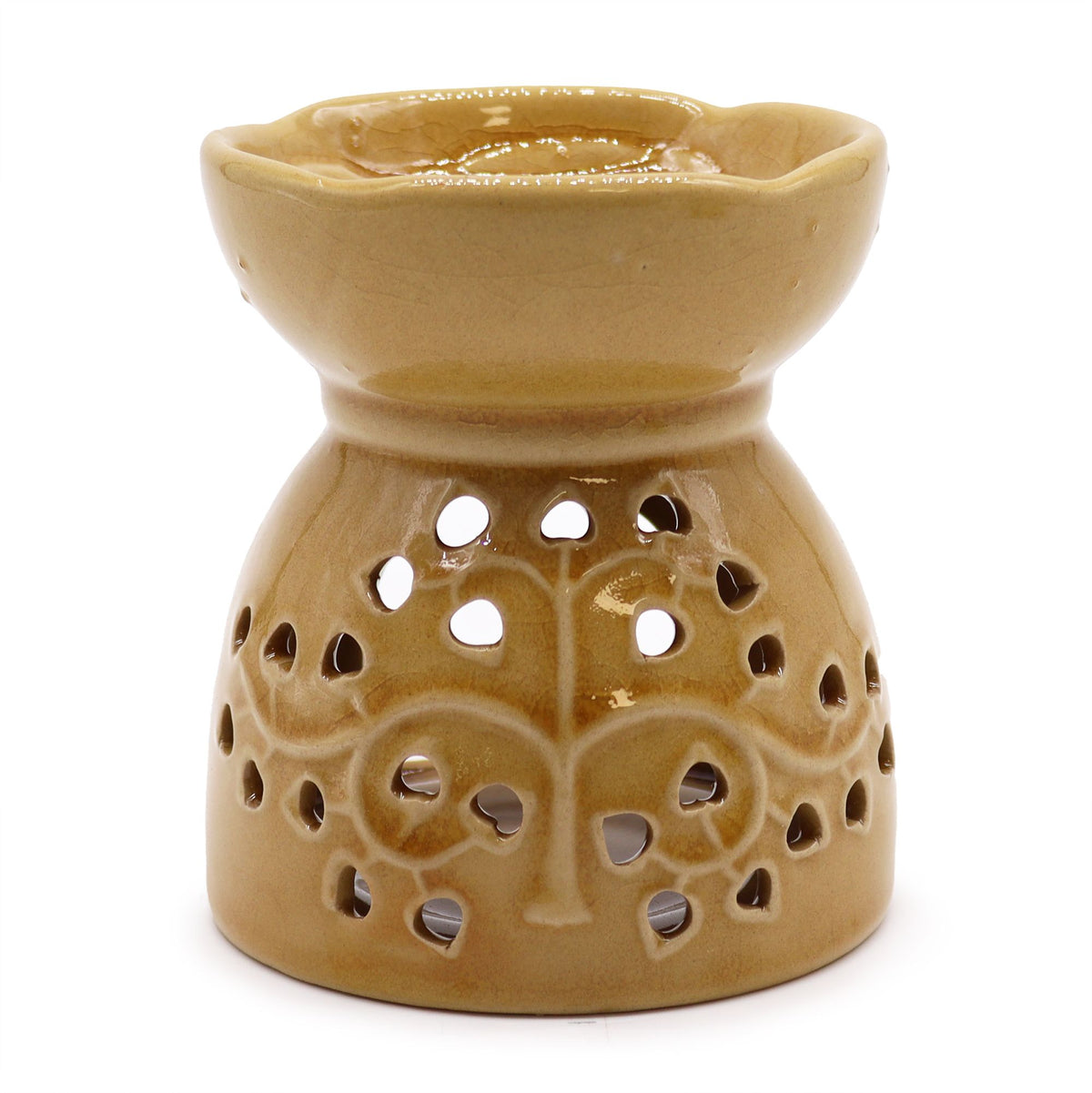 Tree of Life Oil Burner, Honey, front view showing the tree design and pierced holes