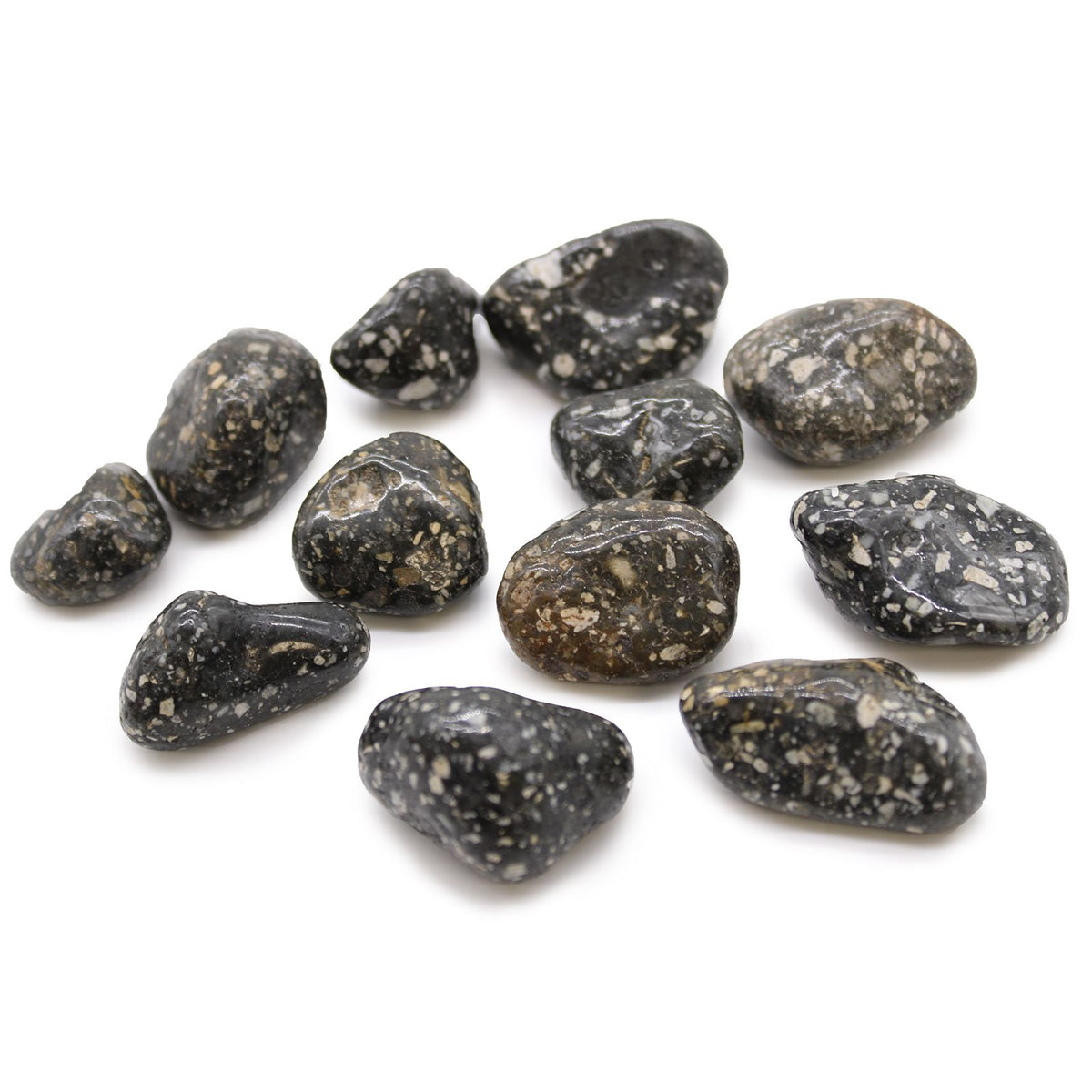 Medium African Tumble Stones, Guinea Fowl Medium, dark rounded stones with pale speckles on white