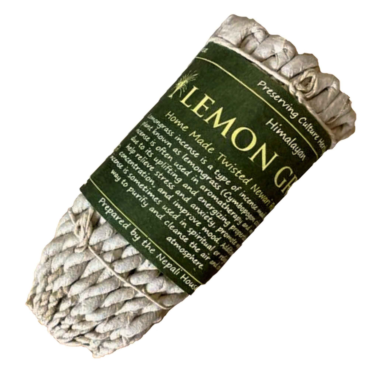 Pure Herbs Rope Incense, Lemongrass, pale twisted ropes wrapped with a dark green label, shown diagonally on white