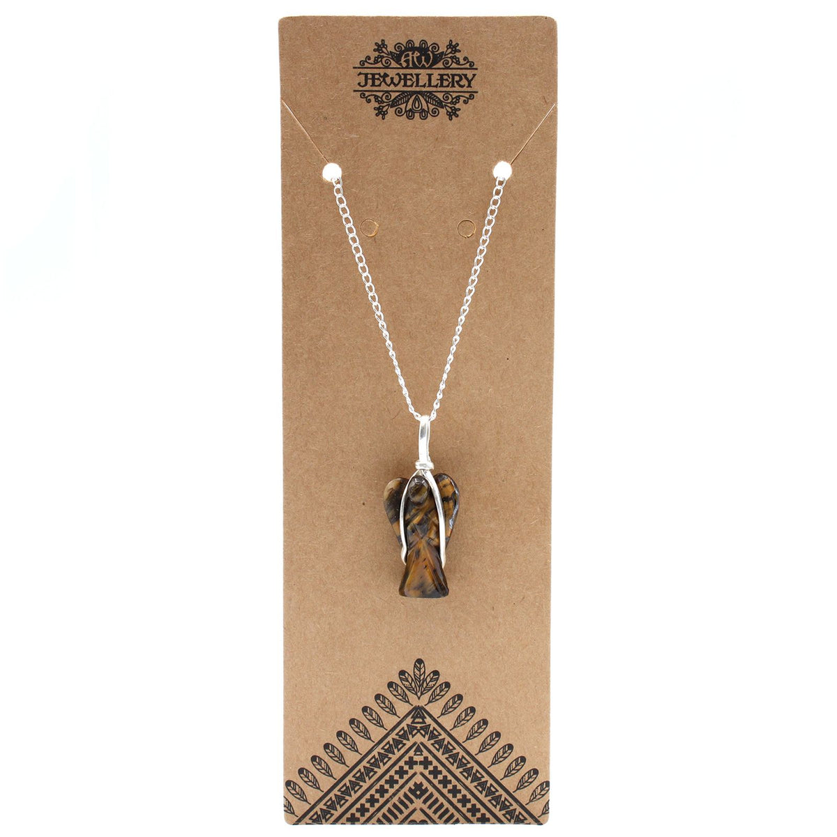 Gemstone Guardian Angel Pendant, Tiger Eye on a silver-tone chain, displayed on a brown jewellery card