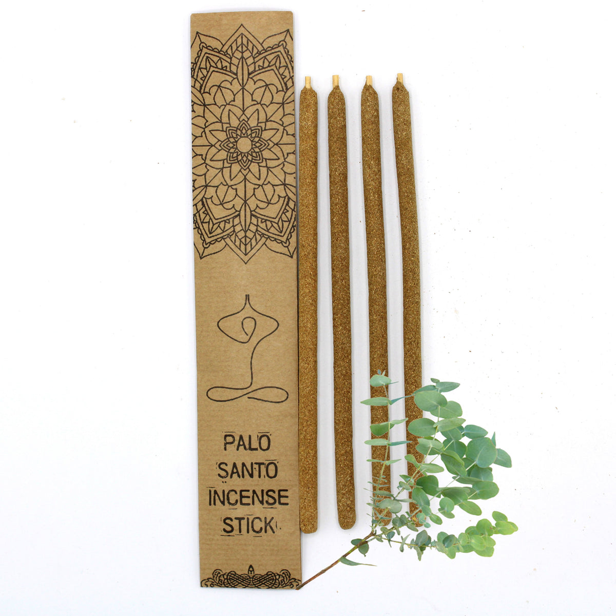 Palo Santo Large Incense Sticks, Eucalyptus, brown sticks beside a decorated cardboard box and green leaves