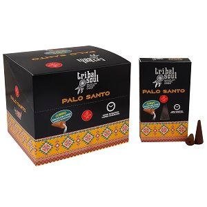 Tribal Soul Backflow Incense Cones, Palo Santo, black and orange boxes with a brown cone beside them