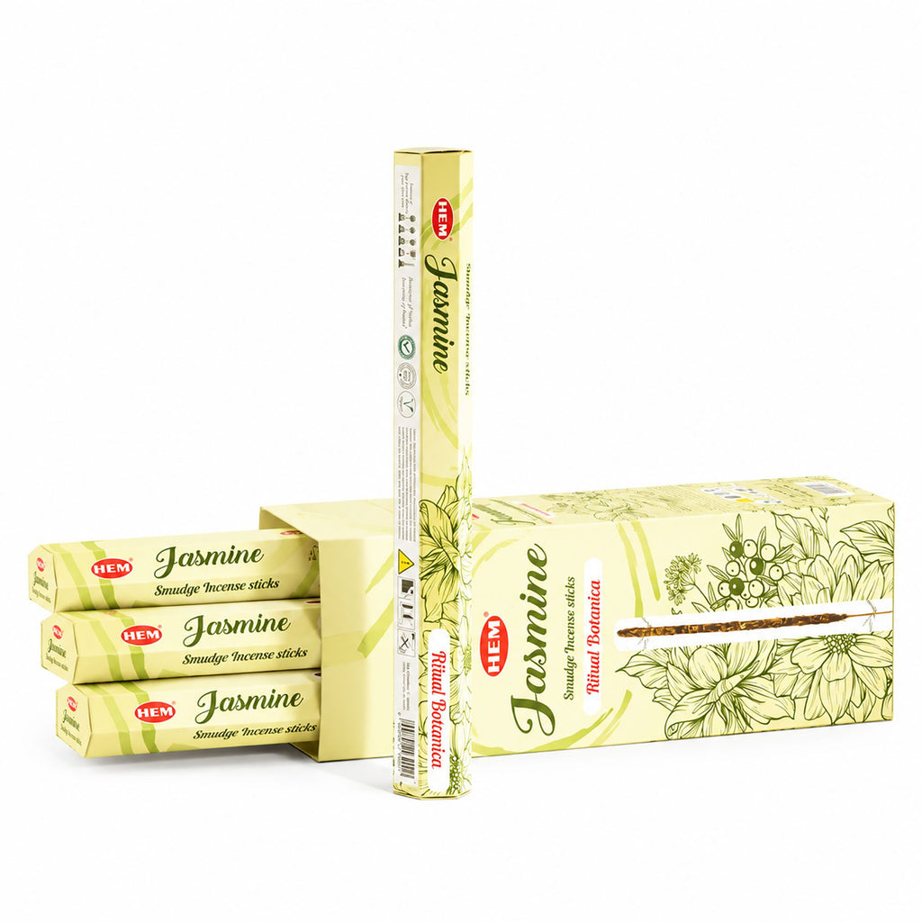 HEM Jasmine incense pack shown beside its open box and incense sticks