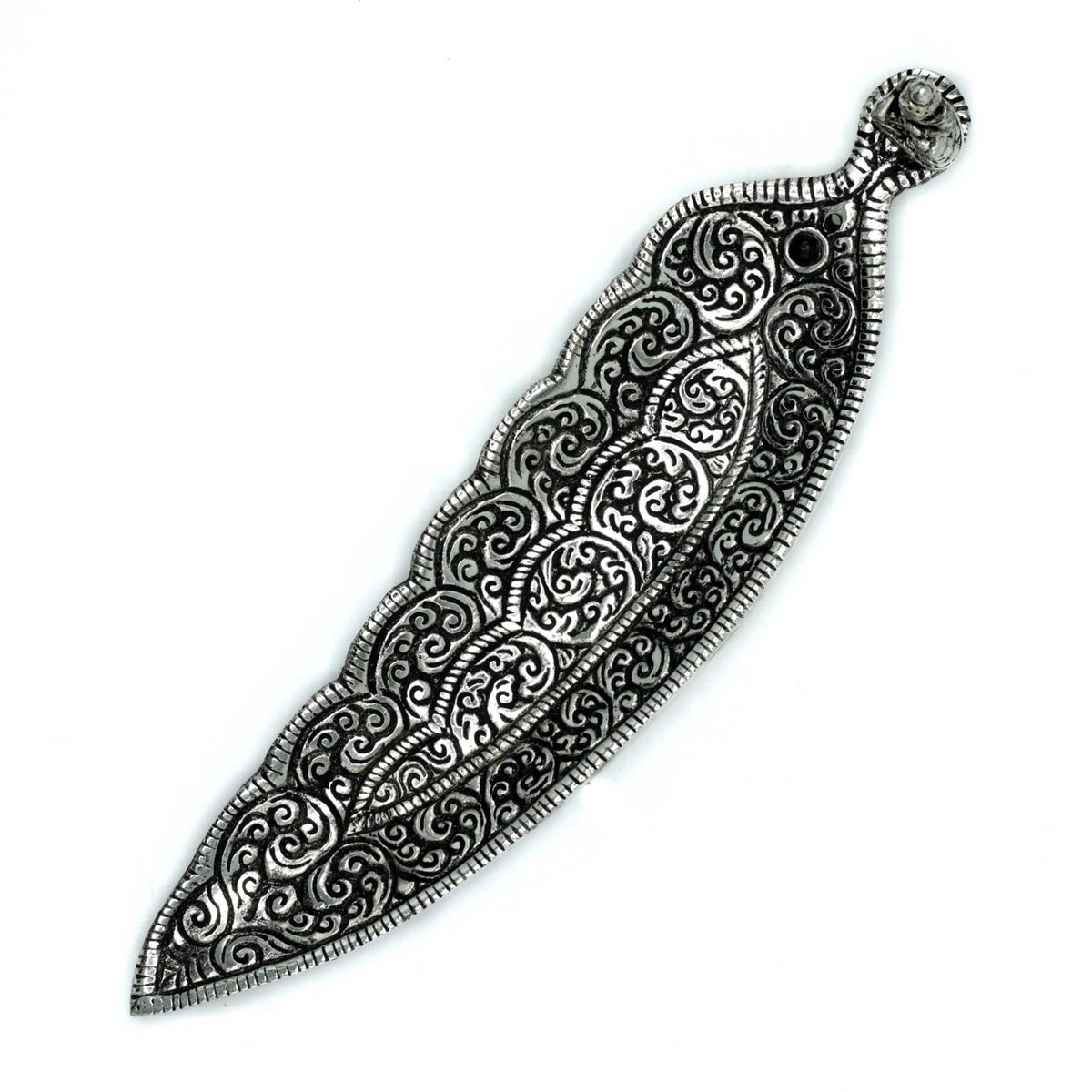 Polished Aluminium Buddha Long Shaped Incense Holder 23cm, patterned silver holder shown from above