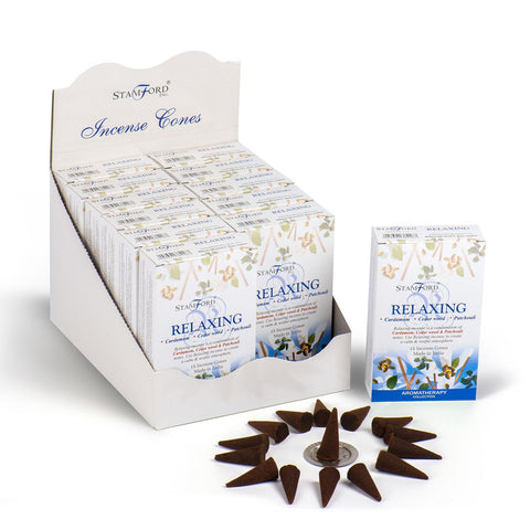 Relaxing cones in a Stamford display box, with one retail box and brown cones arranged around a holder