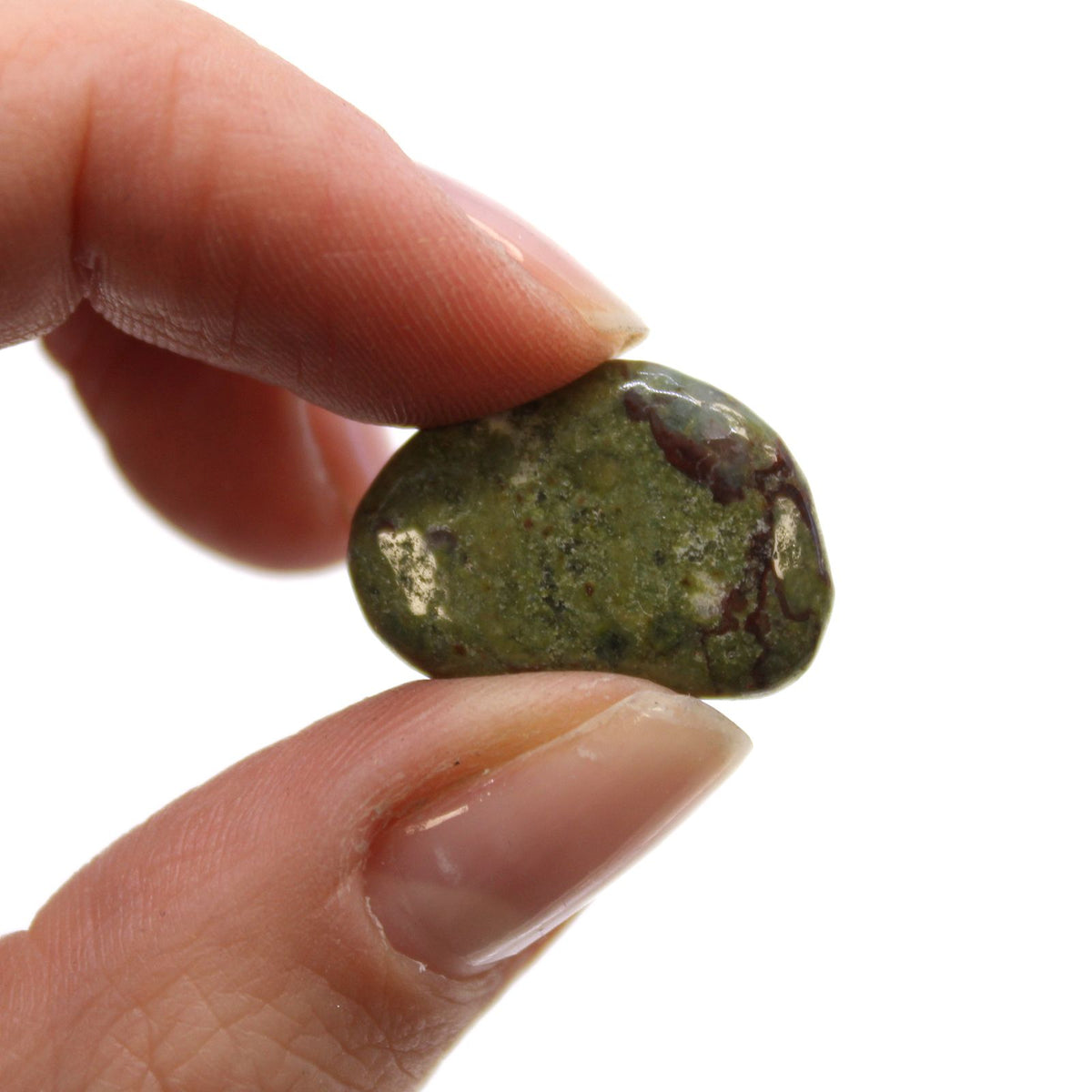 Small African Tumble Stones, Dragon Stones, one mottled green and brown polished stone held between fingers