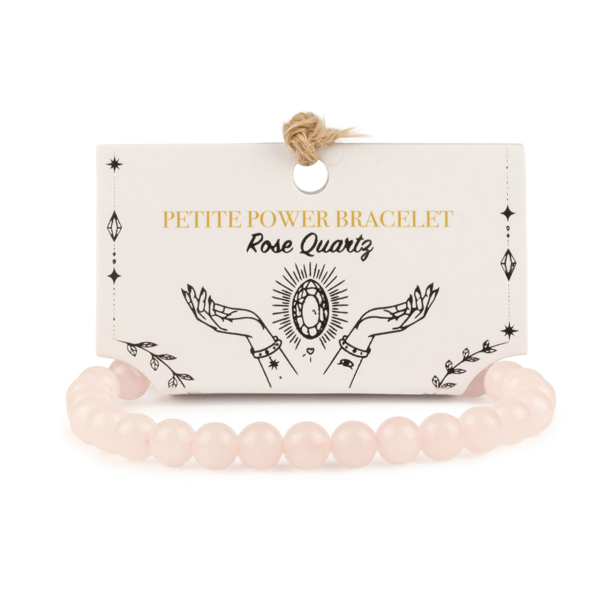 Petite Rose Quartz Power Bracelet with pale pink beads on its illustrated card