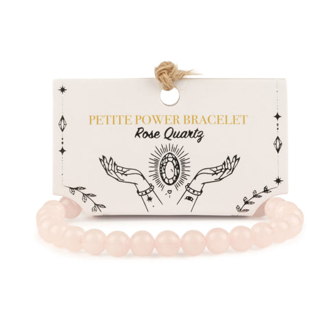 Petite Rose Quartz Power Bracelet with pale pink beads on its illustrated card