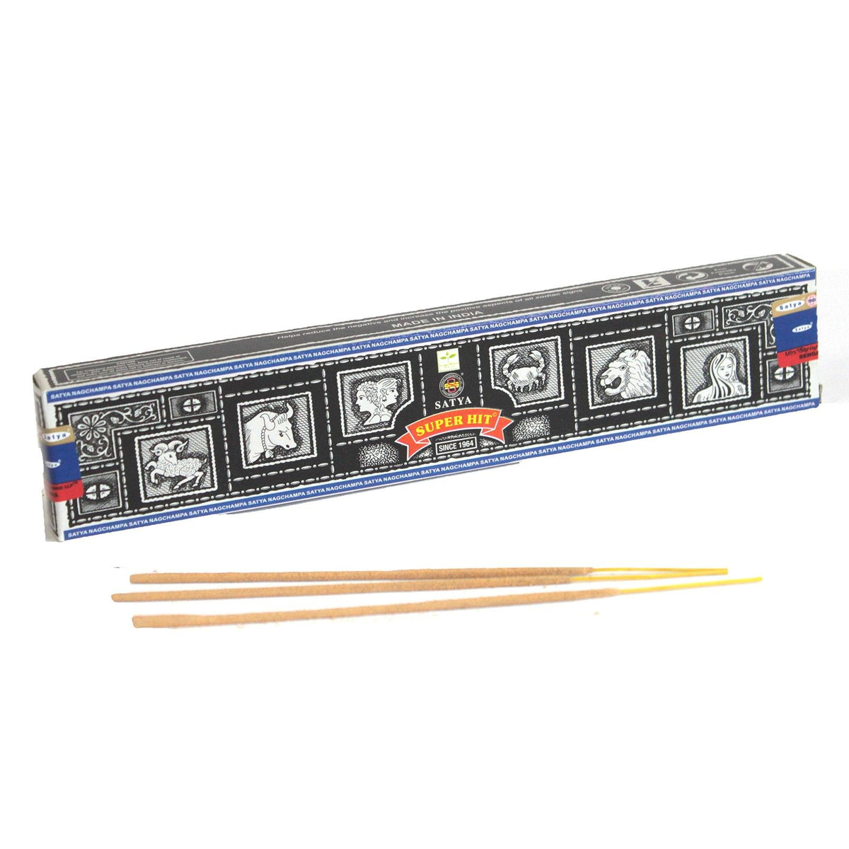 Super Hit incense sticks box with zodiac symbol icons, three sticks laid in front