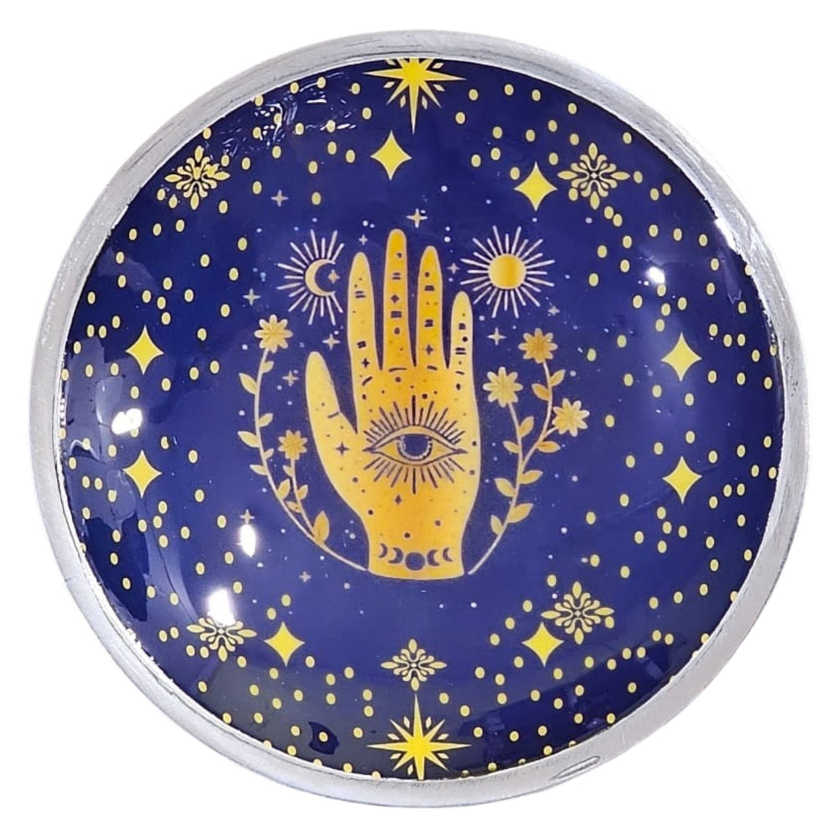 Triple Leg Enamelled Offering Plate, Hamsa Midnight Blue, overhead view of the gold hand design