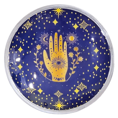 Triple Leg Enamelled Offering Plate, Hamsa Midnight Blue, overhead view of the gold hand design