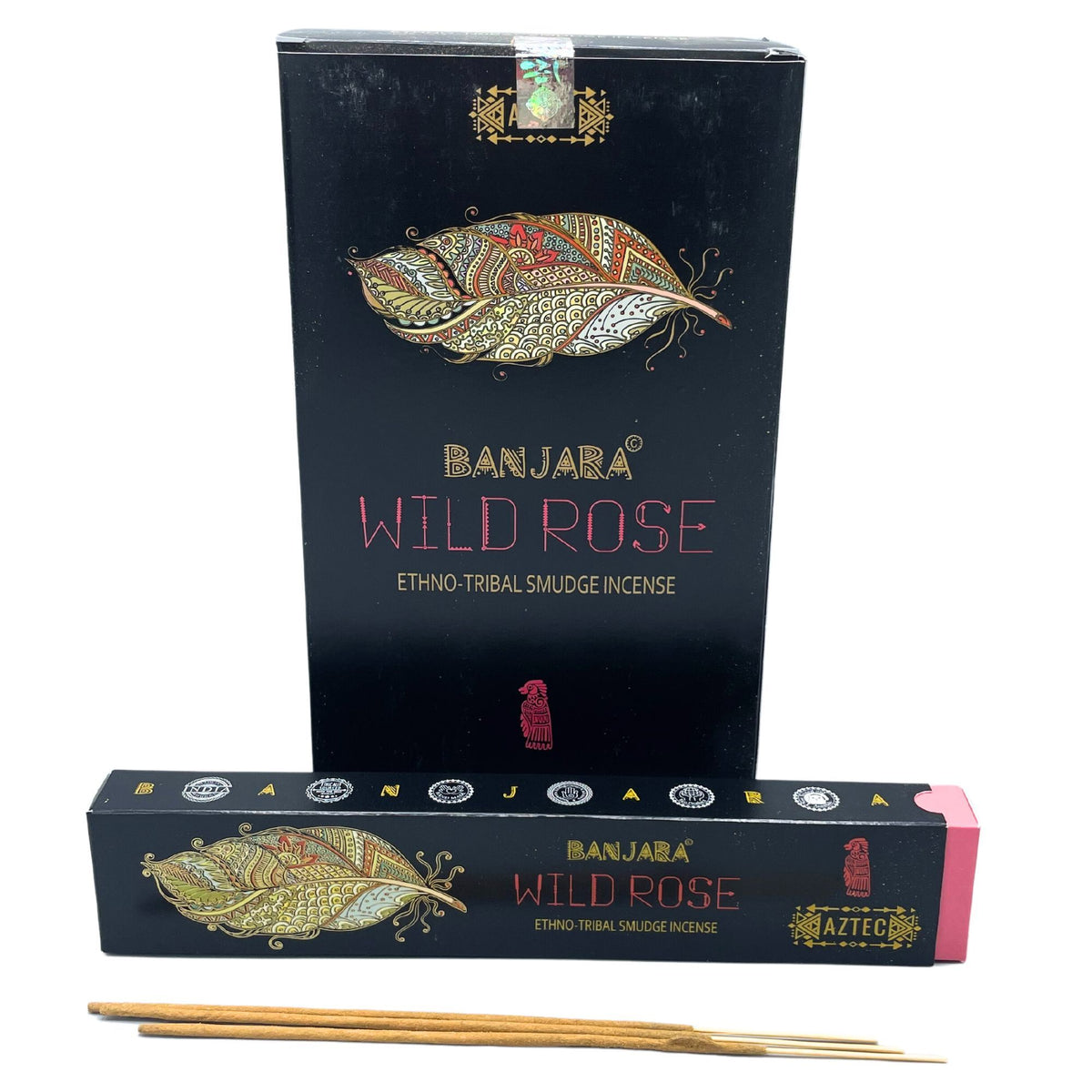 Banjara Wild Rose incense box with a decorated feather design and sticks