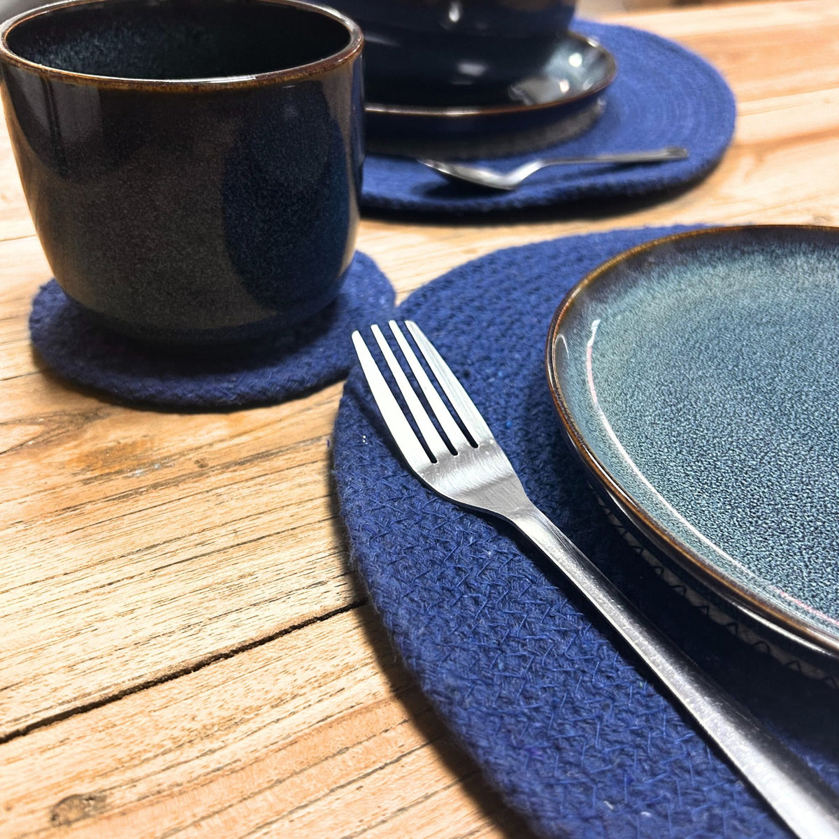 Set of Evil Eye Jute Rope Coasters & Mats, blue mats and coasters set with a cup and plate
