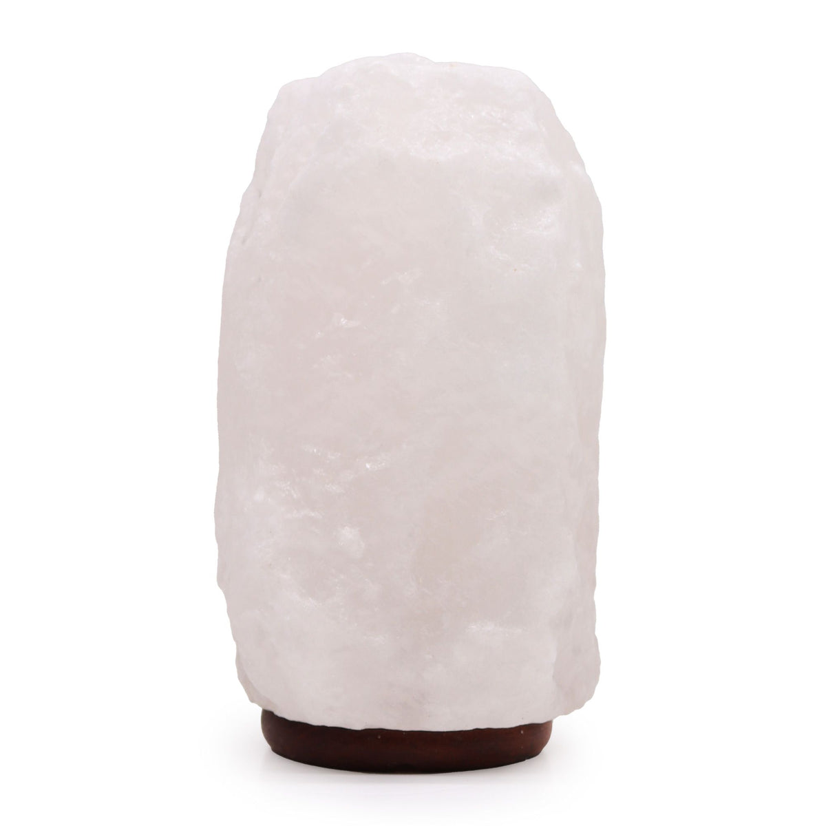 Salt lamp standing upright on its dark brown base, shown alone against a white background
