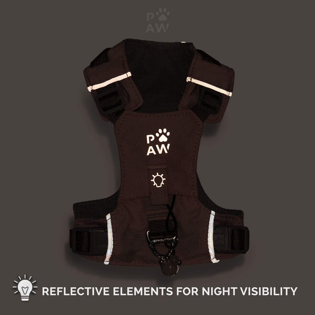Dark view showing reflective details on a harness