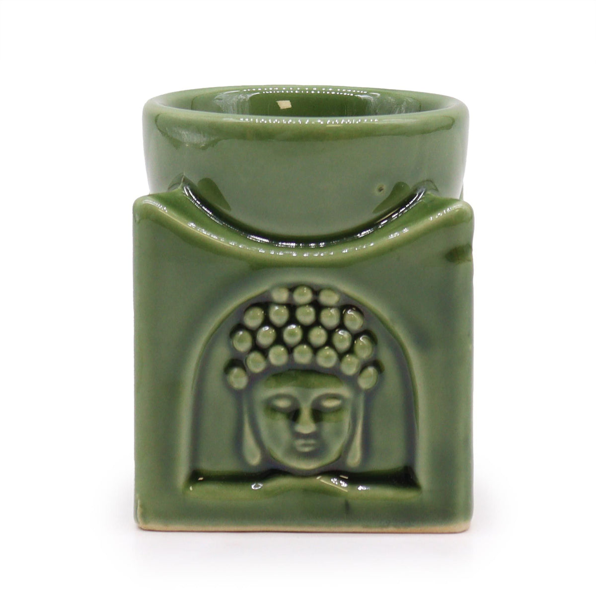 Square Buddha Burner, Dark Jade, front view with a raised Buddha face and bowl on top