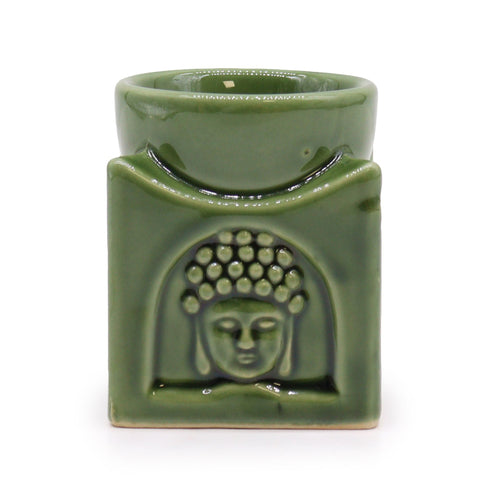 Square Buddha Burner, Dark Jade, front view with a raised Buddha face and bowl on top