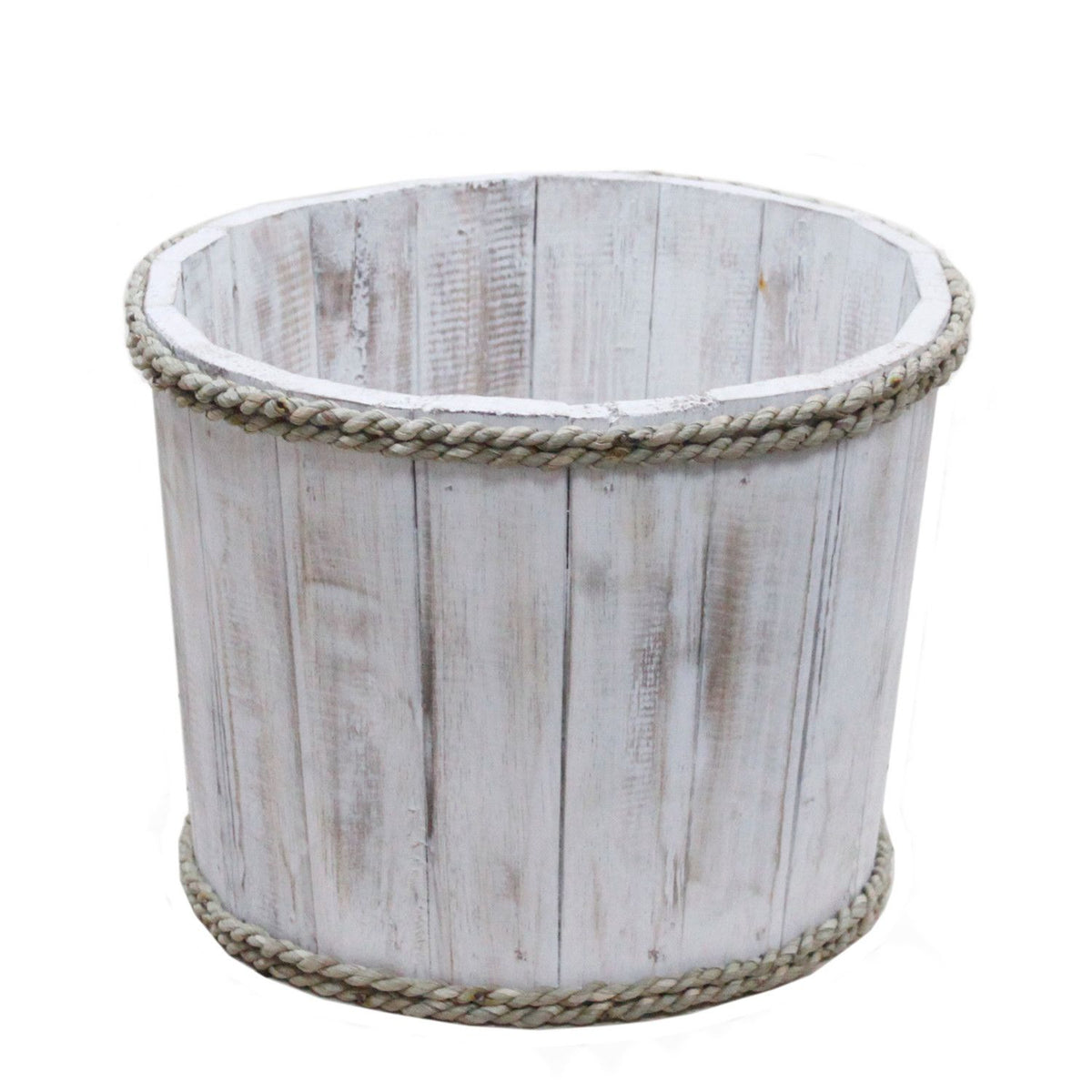 Small Wooden Storage Tub, whitewashed open tub with braided trim, shown alone from an angled front view