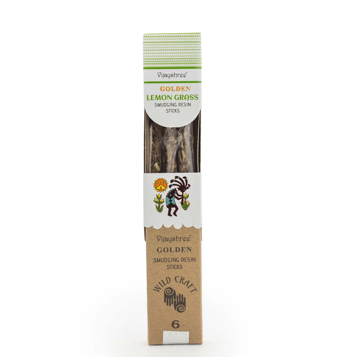 Golden Lemon Grass Smudging Resin Sticks in a narrow upright white and kraft cardboard box