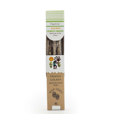 Golden Lemon Grass Smudging Resin Sticks in a narrow upright white and kraft cardboard box