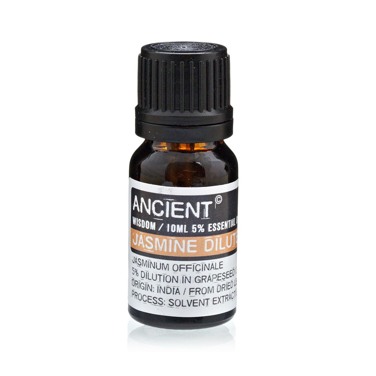 10 ml Jasmine Dilute Essential Oil in a small amber bottle with a black cap and white label